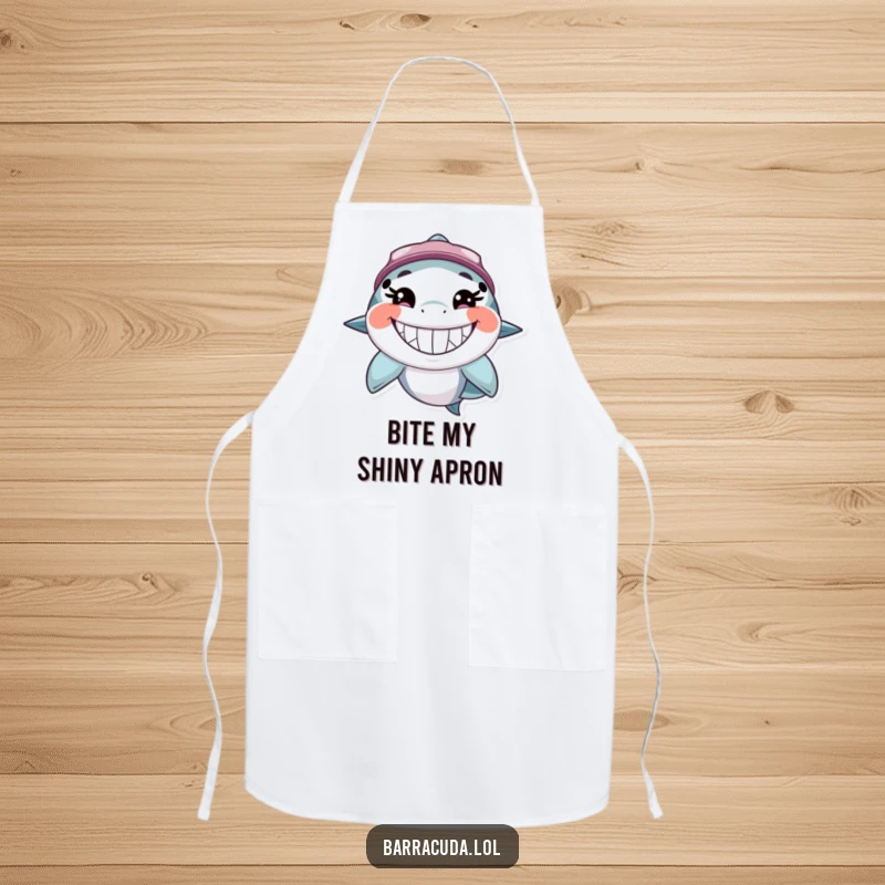 Funny barracuda apron showing a cheerful fish character with a wide, toothy, happy grin, ready to make delicious food and jokes.
