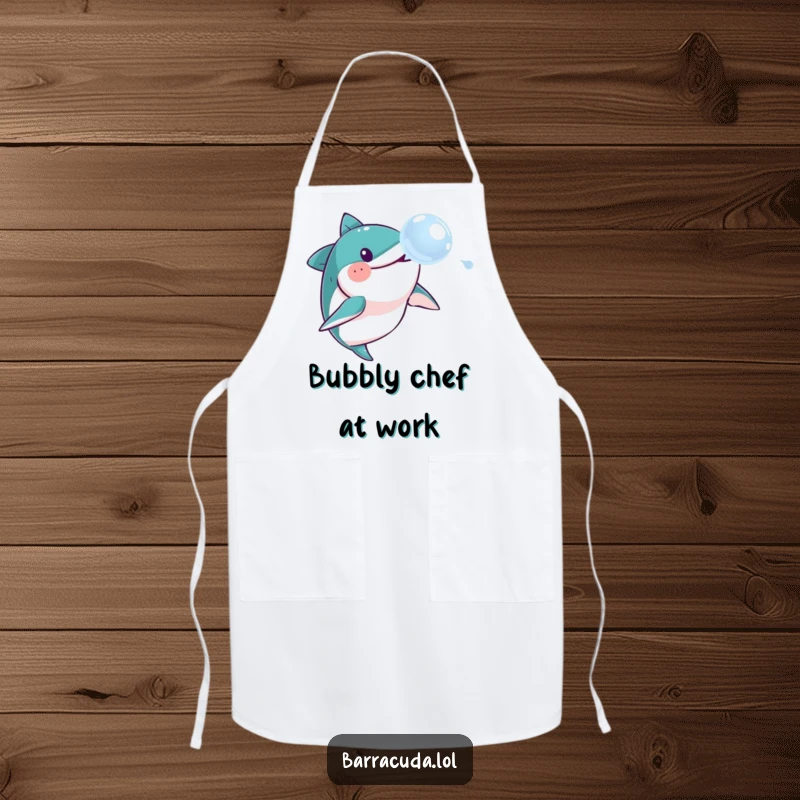 Funny barracuda apron, depicting a barracuda humorously chasing a floating soap bubble while cooking or baking.