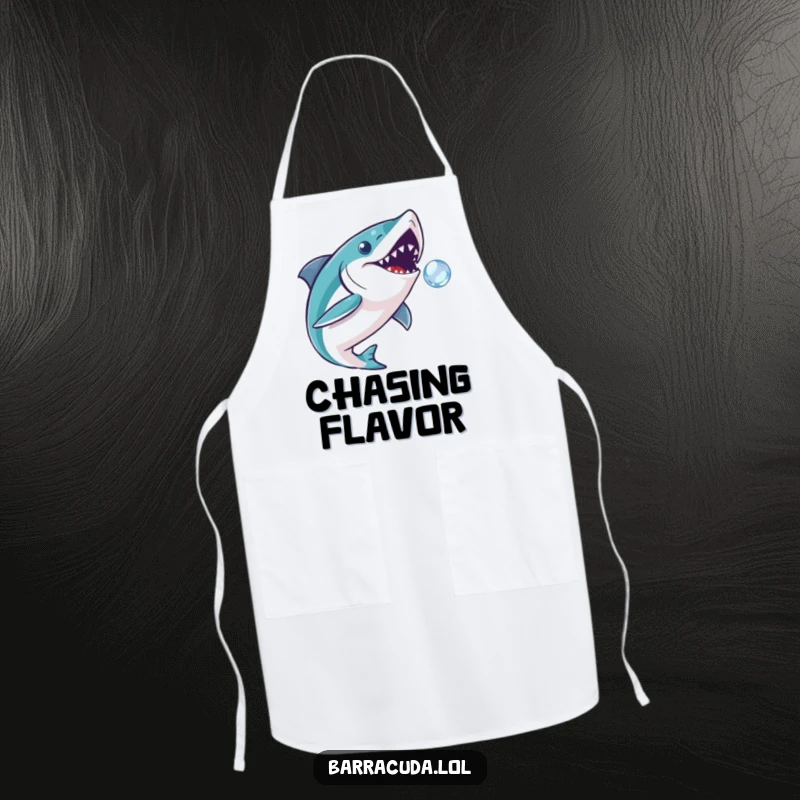 Funny barracuda apron depicting a fish playfully chasing a sparkling bubble, adding humor and protection to kitchen activities.