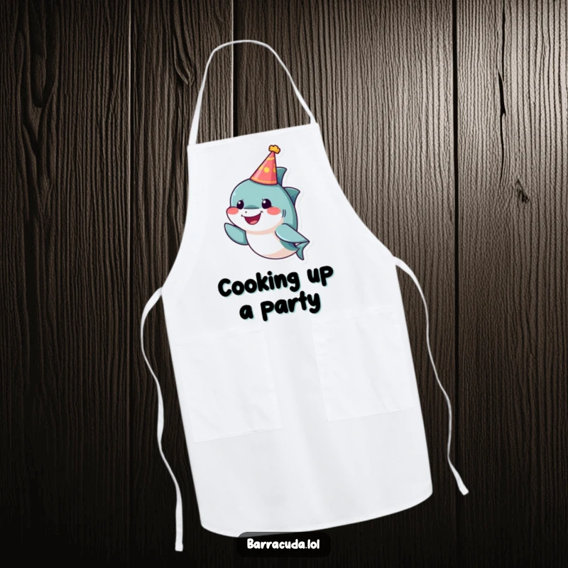 Funny barracuda apron featuring a small, cheerful fish wearing a tiny party hat, perfect for festive cooking and kitchen fun.