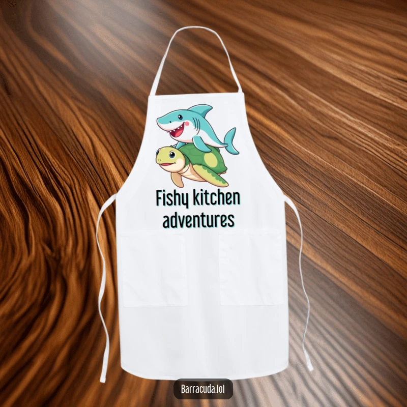 Funny Barracuda apron showing a joyful barracuda riding a friendly sea turtle, perfect for adding humor to cooking and kitchen activities.