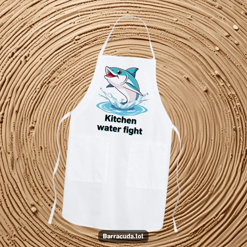Funny apron showcasing a barracuda energetically leaping out of a prominent water splash, ready for kitchen action.