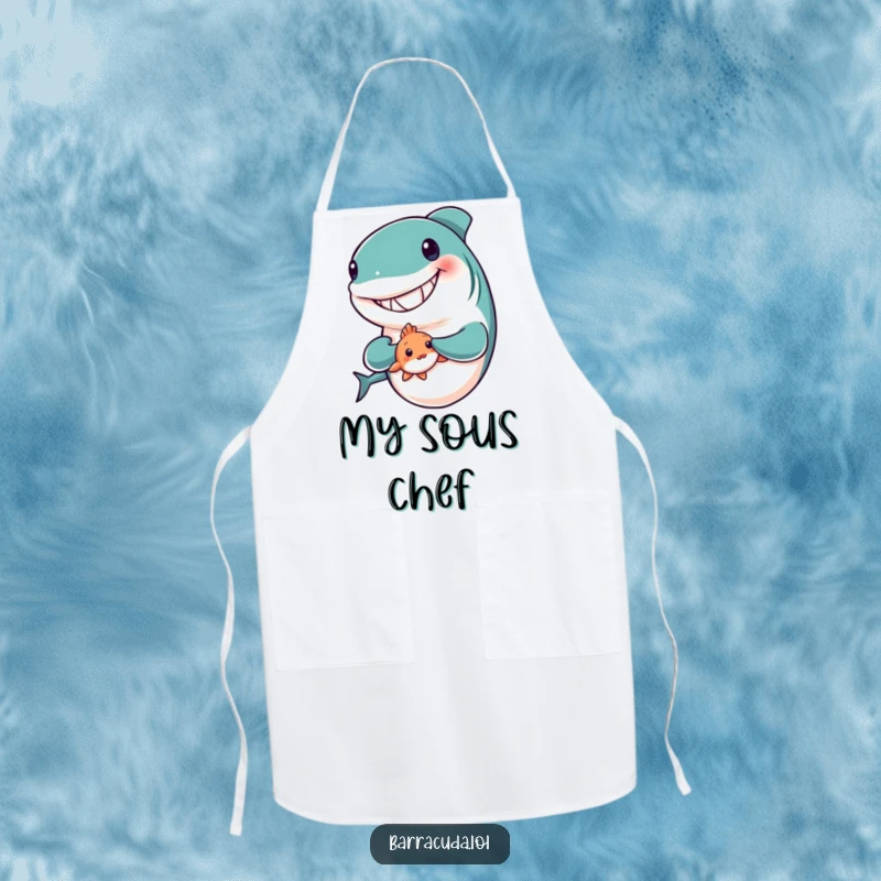 Funny apron featuring a barracuda with a big grin, holding a tiny, shy fish, a symbol of gentle friendship.