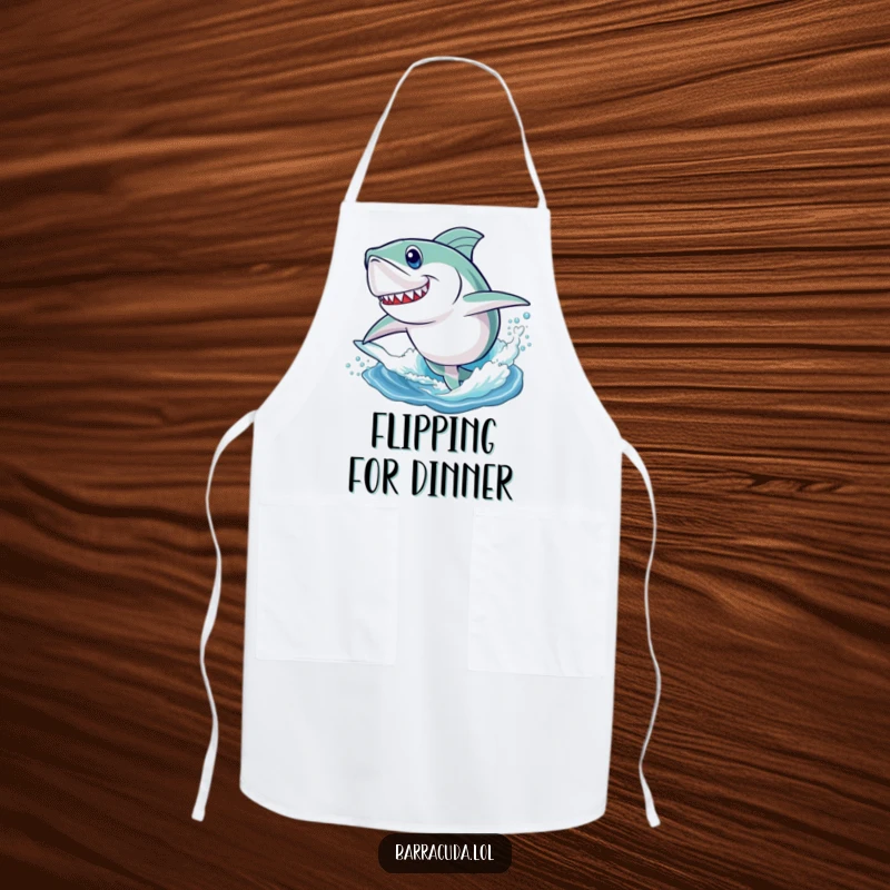 Funny apron featuring a barracuda with determination, playfully leaping high out of the water, an energetic kitchen accessory.