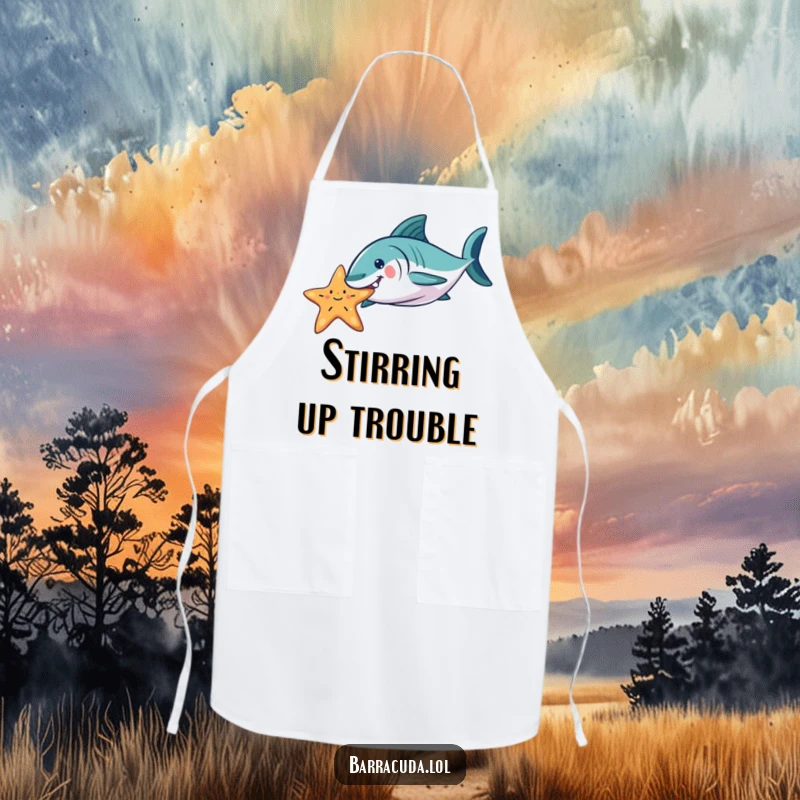 Funny Barracuda apron showing a playful barracuda nudging a starfish, perfect for adding humor to cooking and kitchen activities.