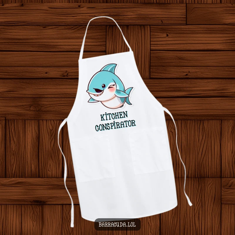Funny barracuda character winking with a mischievous tail flick on a humorous kitchen apron.