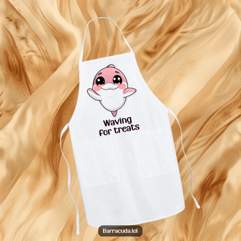 Funny kawaii barracuda with big innocent eyes offering a friendly wave on a kitchen apron, adding a welcoming touch.