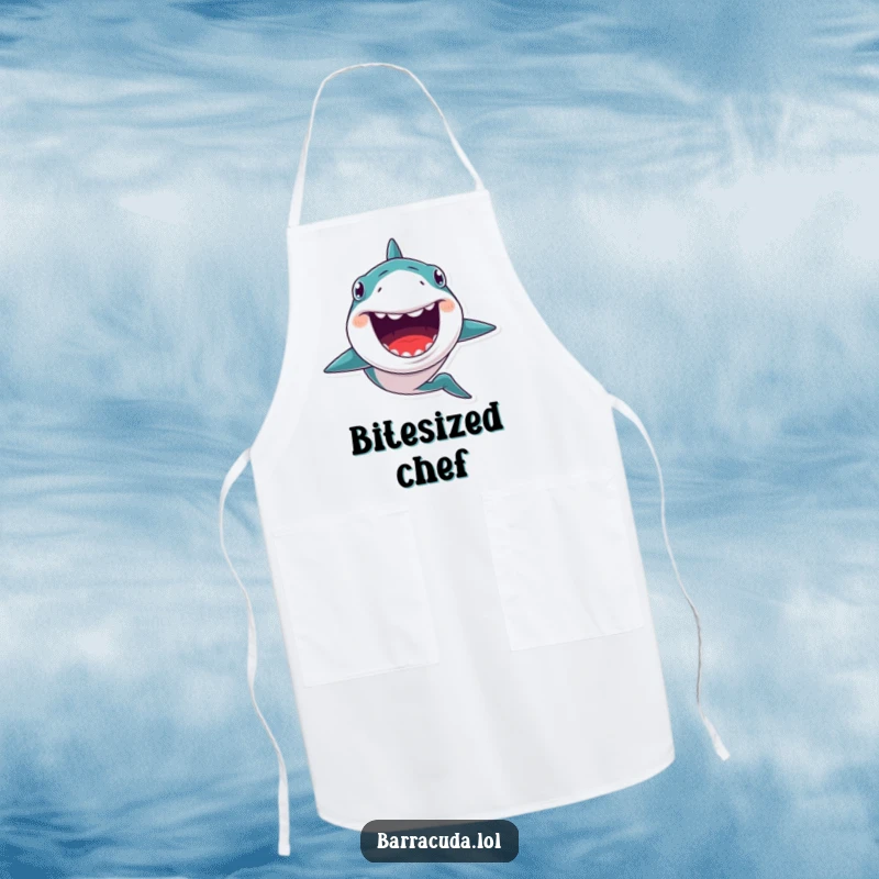 Funny kitchen apron with a kawaii barracuda with a huge, toothy grin, swimming forward with quirky and fun ocean vibes.