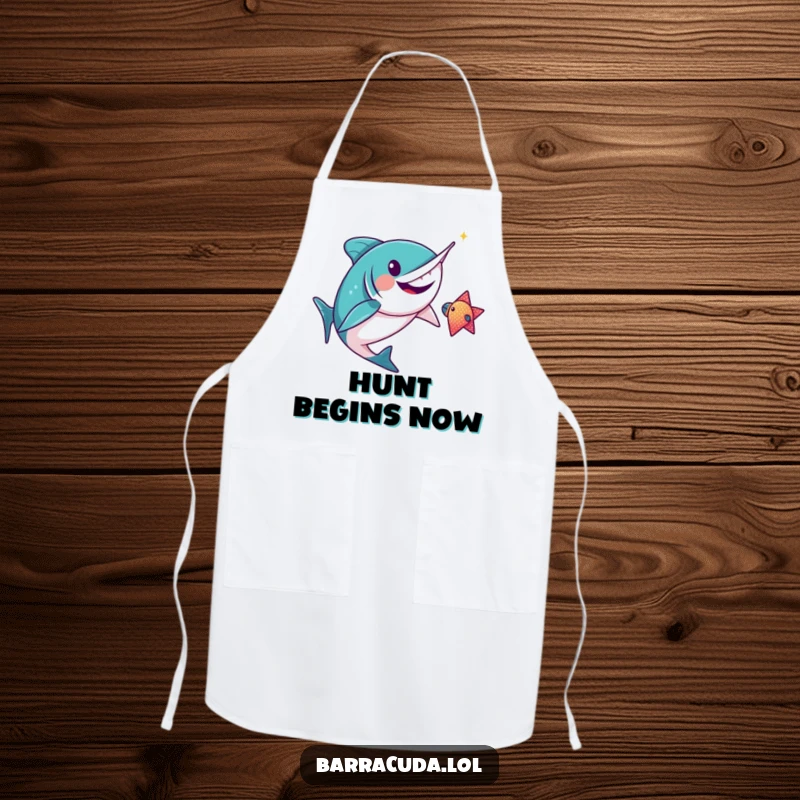 Funny kawaii barracuda gleefully chasing a sparkly fish on a kitchen apron, adding humor to culinary tasks.