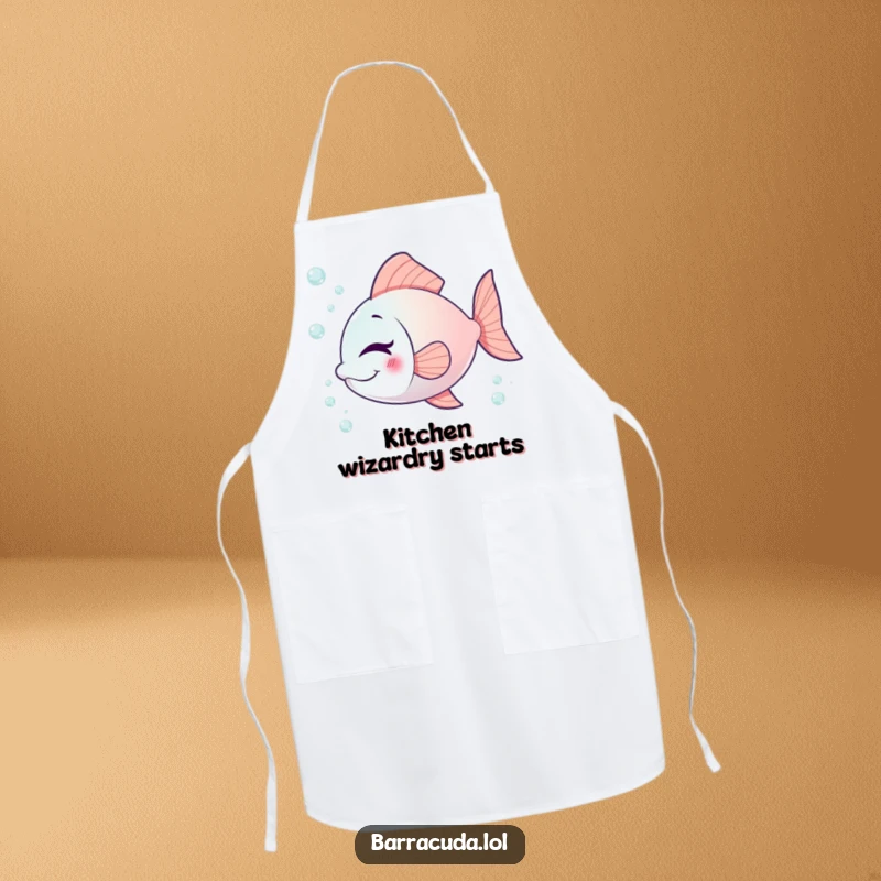 Funny fish apron with a playful fish winking cheekily, surrounded by tiny bubbles, making cooking more enjoyable.