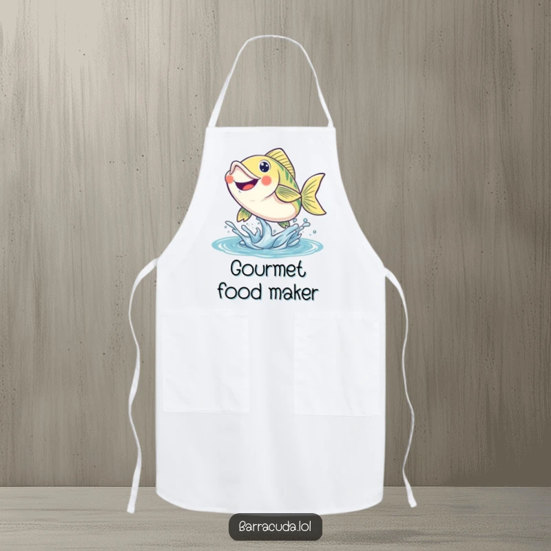 Funny fish apron with a smiling fish leaping energetically from the water, adding humor to kitchen wear.