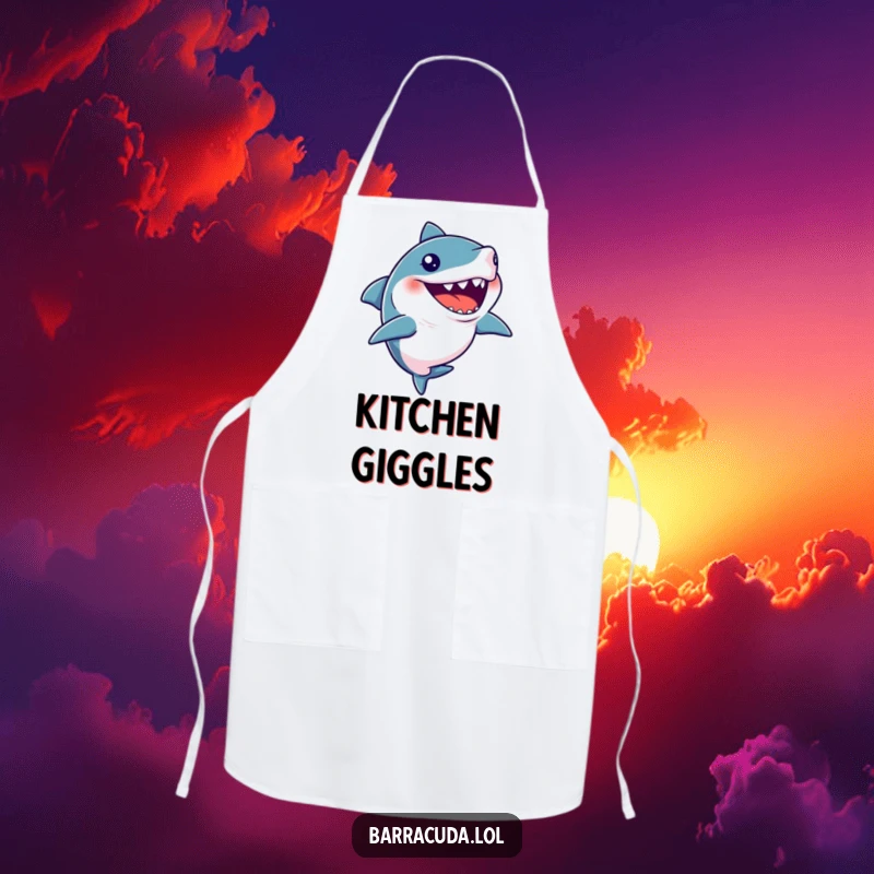Funny apron with a barracuda caught in a silent giggle, ready for some kitchen fun.