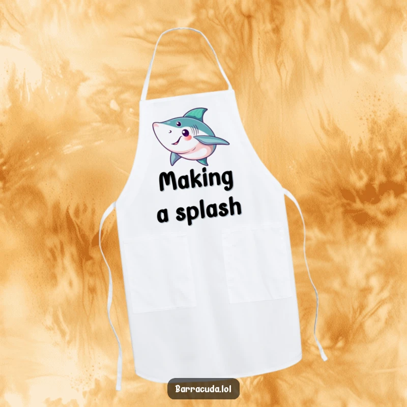 Funny barracuda apron showing a fish with a big, friendly tail fin wave, ideal for kitchen activities.
