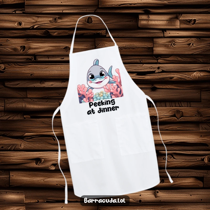 Funny barracuda apron depicting a curious fish peeking from behind coral, adding humor and protection to kitchen activities.