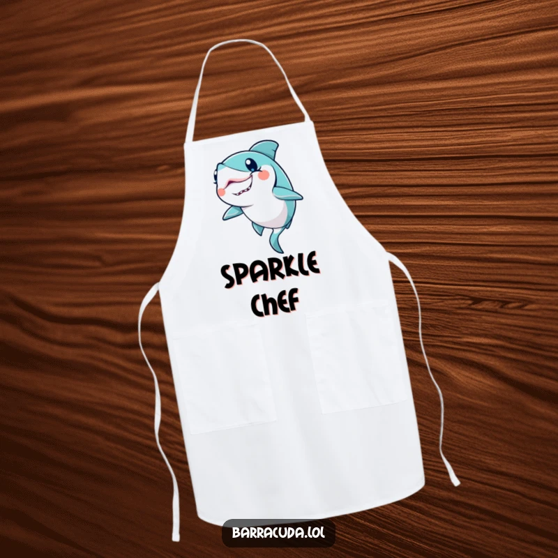 Funny Kawaii Barracuda Apron: a cute barracuda winks with a glitter trail, bringing kitchen magic and glamor.