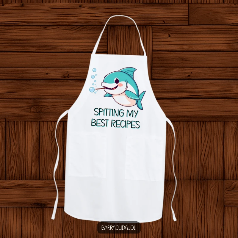 Funny barracuda apron with an amused barracuda blowing a stream of water bubbles, great for cooking and kitchen fun.