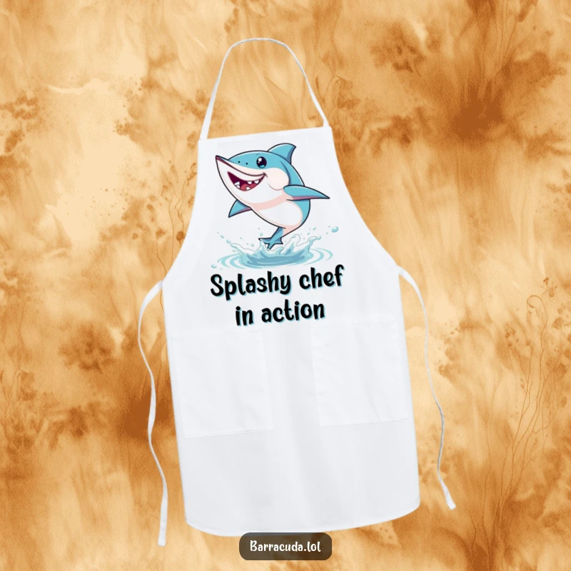 Funny barracuda apron featuring a fish leaping playfully out of the water, designed for kitchen fun and protection.