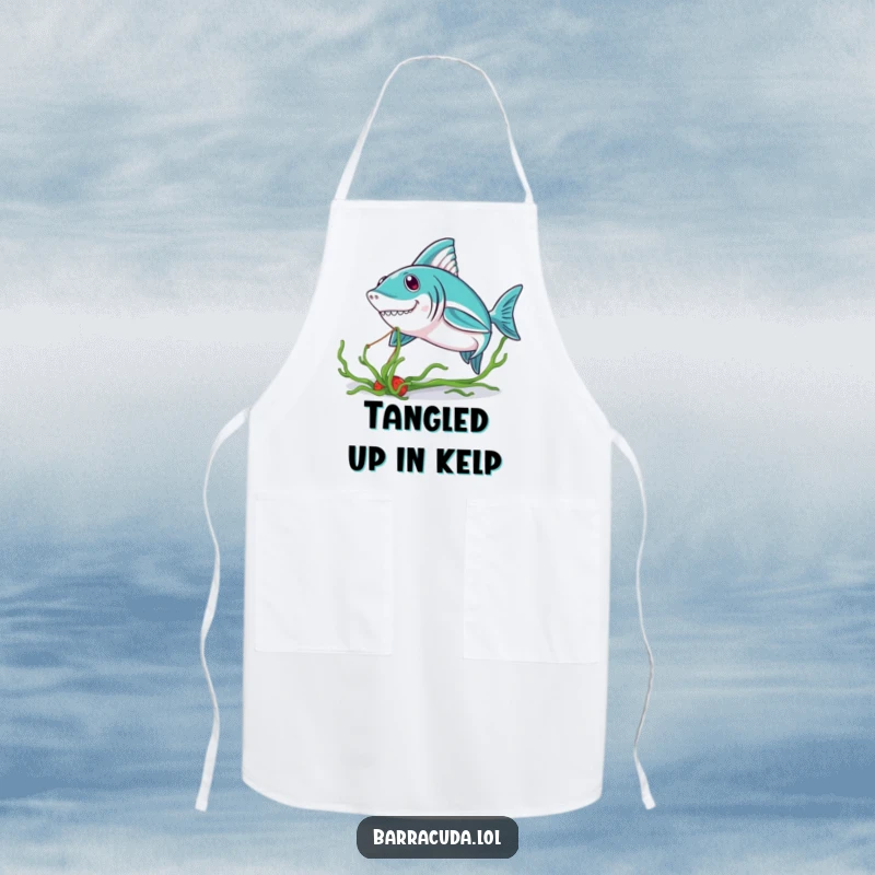 Funny Kawaii Barracuda Apron: a cute barracuda playfully tugging seaweed while cooking, adding kitchen humor and charm.