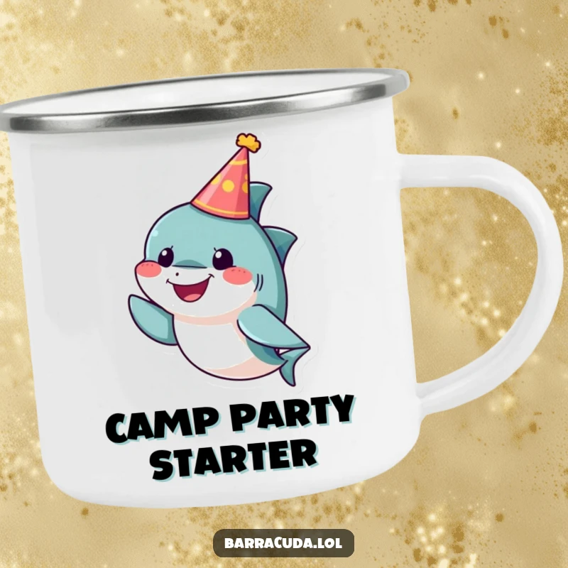 Funny barracuda camping mug with a small, cheerful fish wearing a tiny party hat, perfect for festive outdoor drinks.