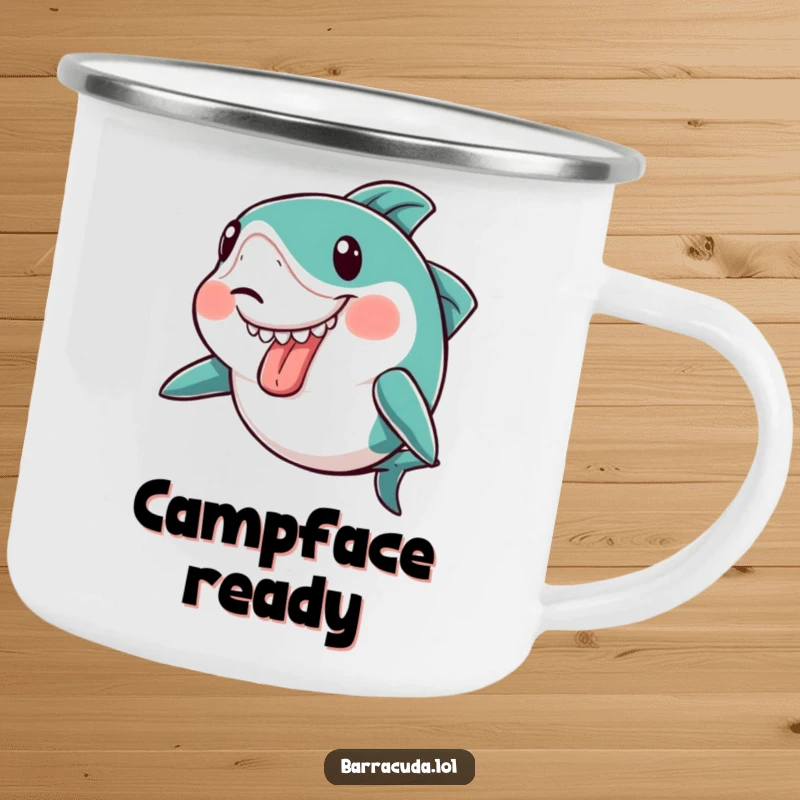 Funny kawaii barracuda making a silly face with its tongue sticking out slightly on an enamel camping mug, for outdoor humor.