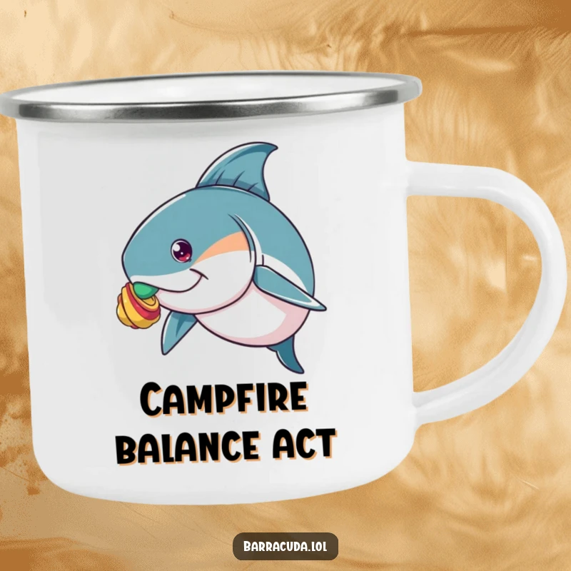 Funny camping mug illustrating a barracuda with a colorful shell balanced on its nose, great for outdoor enthusiasts.