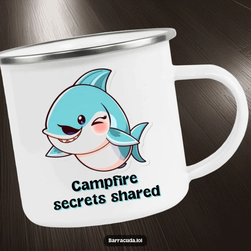 Funny barracuda character winking with a mischievous tail flick on a humorous camping mug.
