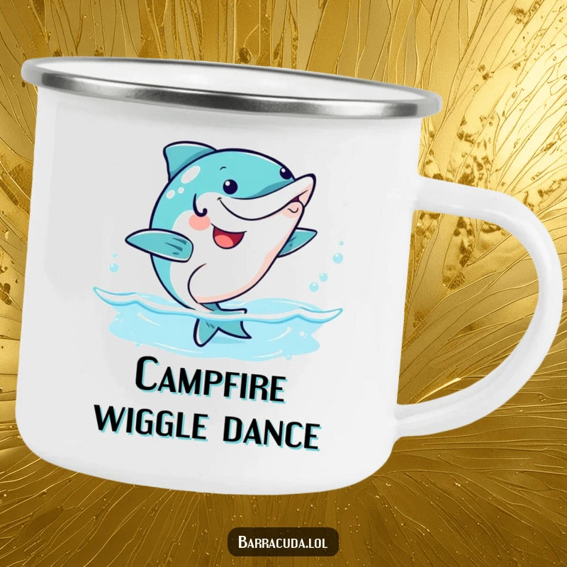 Funny kawaii barracuda doing a happy wiggle dance, durable and humorous camping mug.