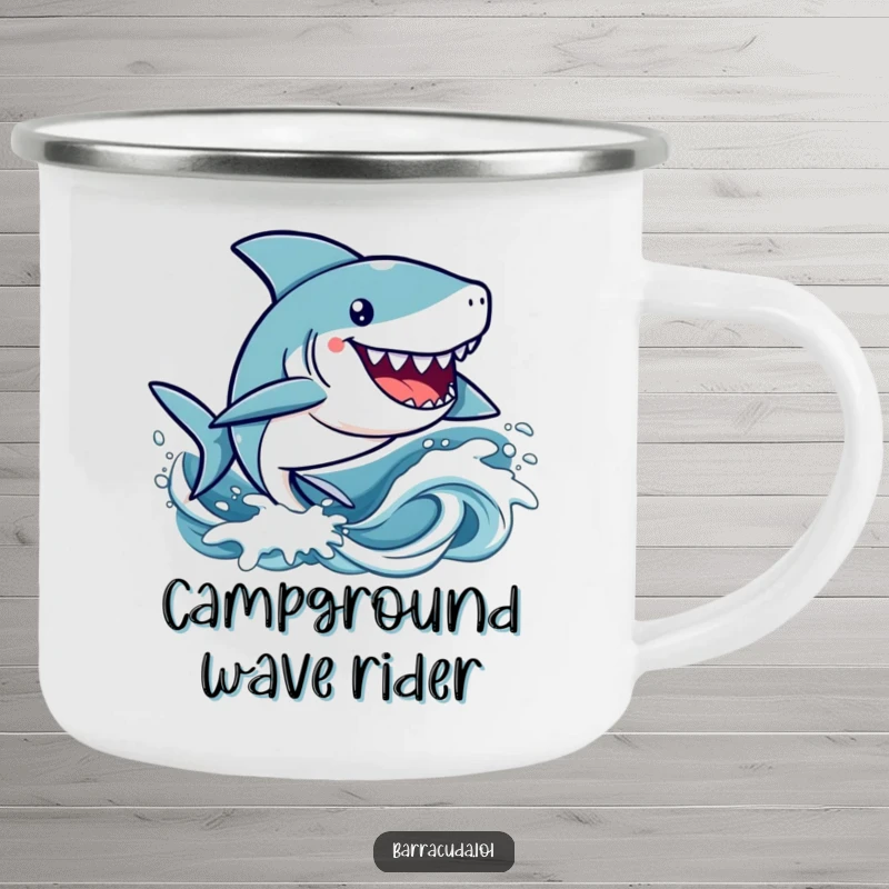 Funny kawaii barracuda character happily zipping through stylized waves on a cute and humorous camping mug.