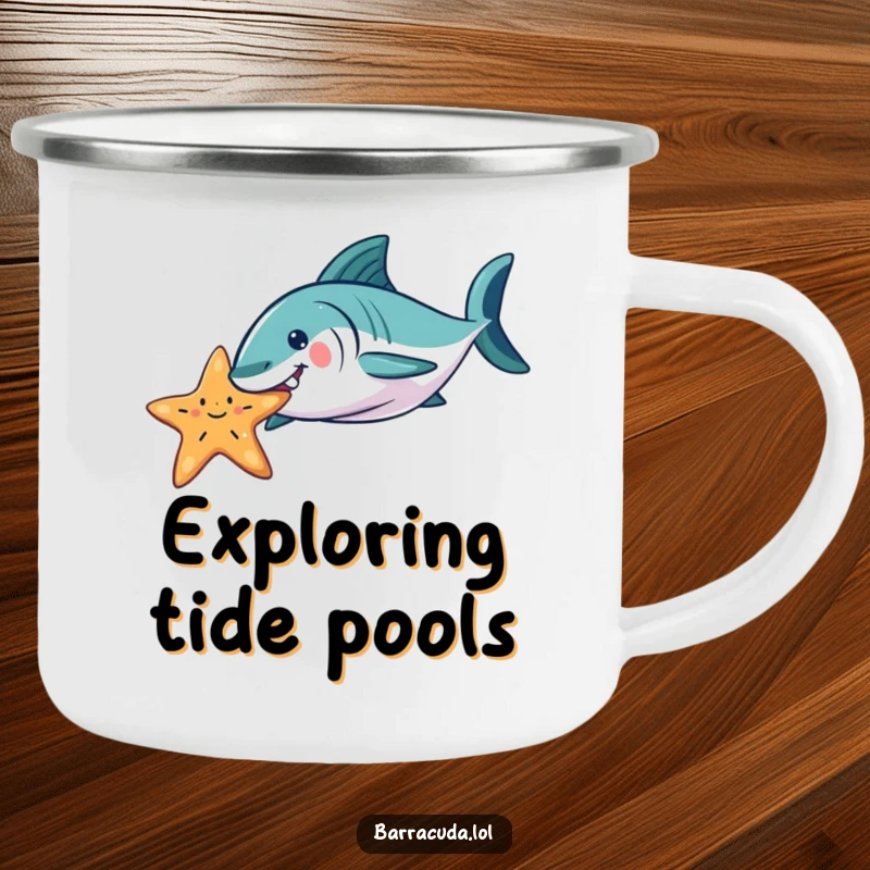 Funny Barracuda camping mug showing a playful barracuda nudging a starfish, perfect for outdoor use with a humorous ocean design.