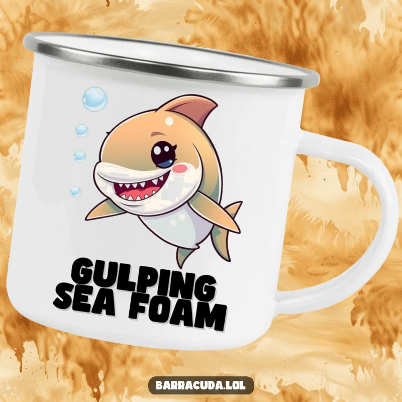 Funny camping mug depicting a cute barracuda with a mischievous grin, ready for an outdoor escapade, perhaps chasing campfire bubbles.