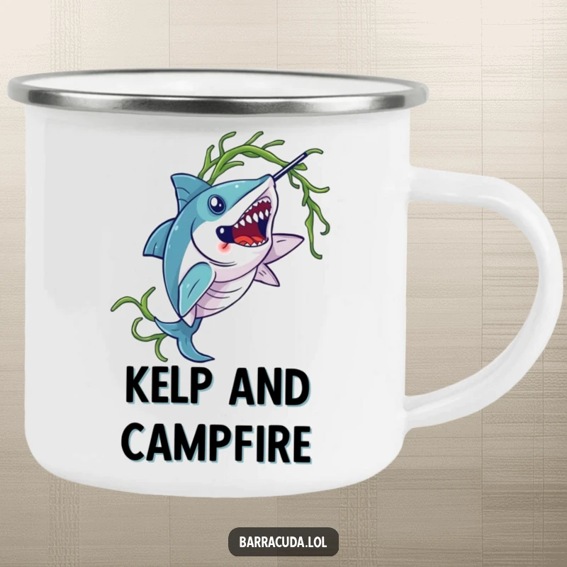 Funny barracuda camping mug, depicting a barracuda elegantly twirling seaweed, ideal for outdoor use and enjoying beverages.