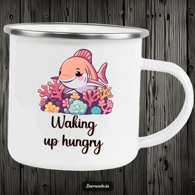 Funny barracuda camping mug, a durable enamel mug showcasing a barracuda winking from a coral reef, perfect for outdoor humor.