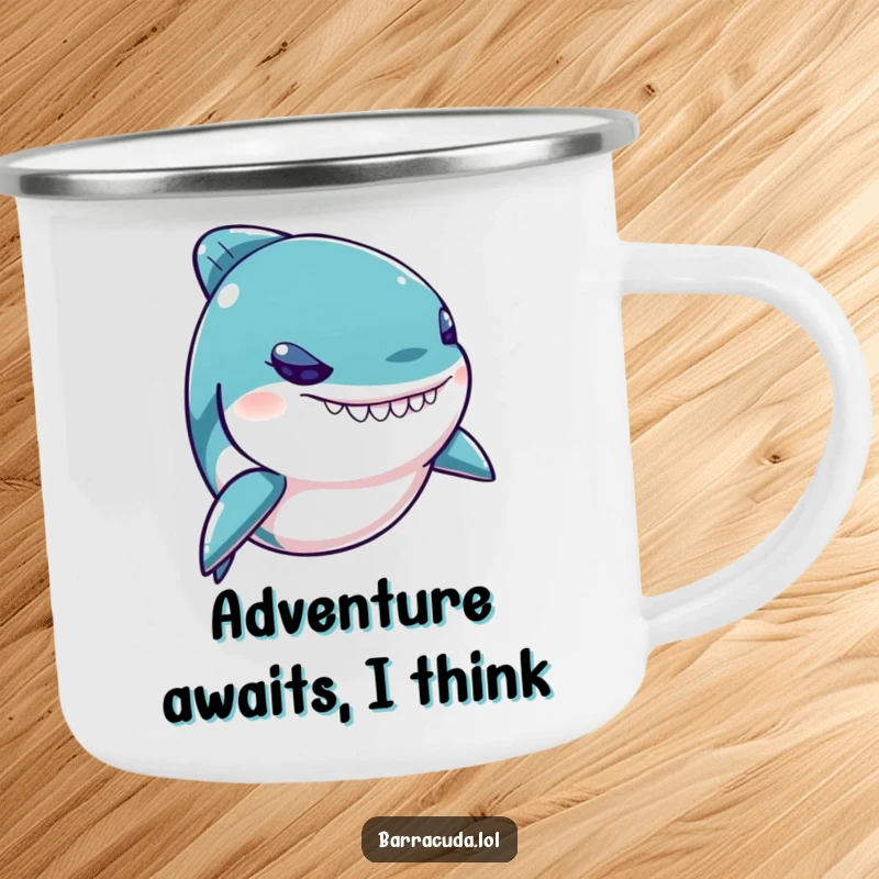 Funny Kawaii Barracuda Camping Mug with a mischievous fish, twinkling eye, ready for outdoor fun and laughs.