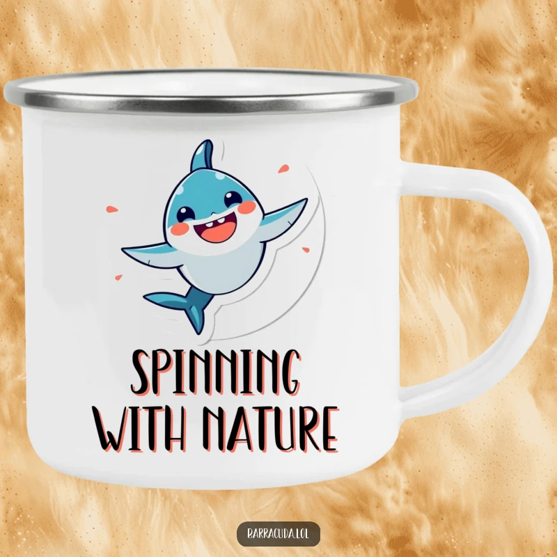 Funny, very happy kawaii barracuda spinning in a circle on an enamel camping mug, for outdoor bursts of joy.