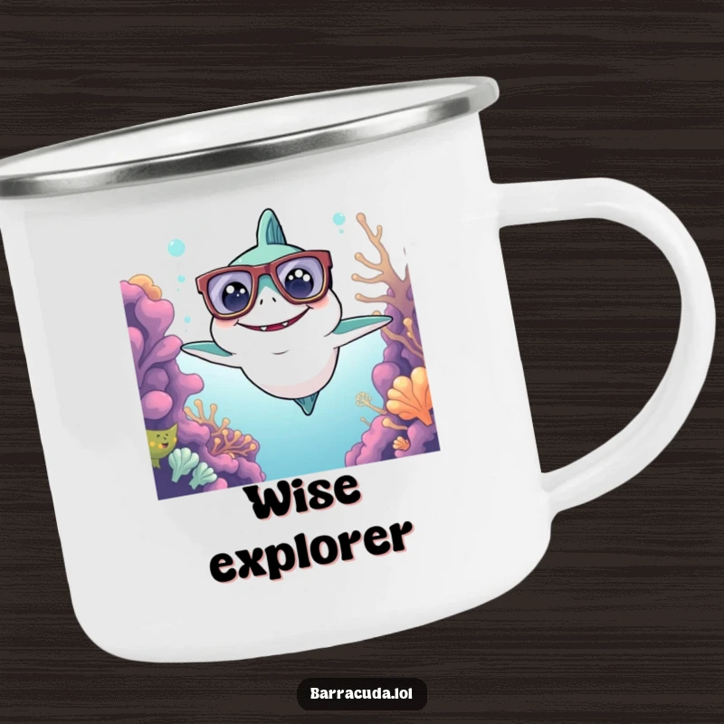 Funny Kawaii Barracuda Camping Mug: a cute barracuda with big glasses surveys the reef, perfect for intelligent outdoor sips.