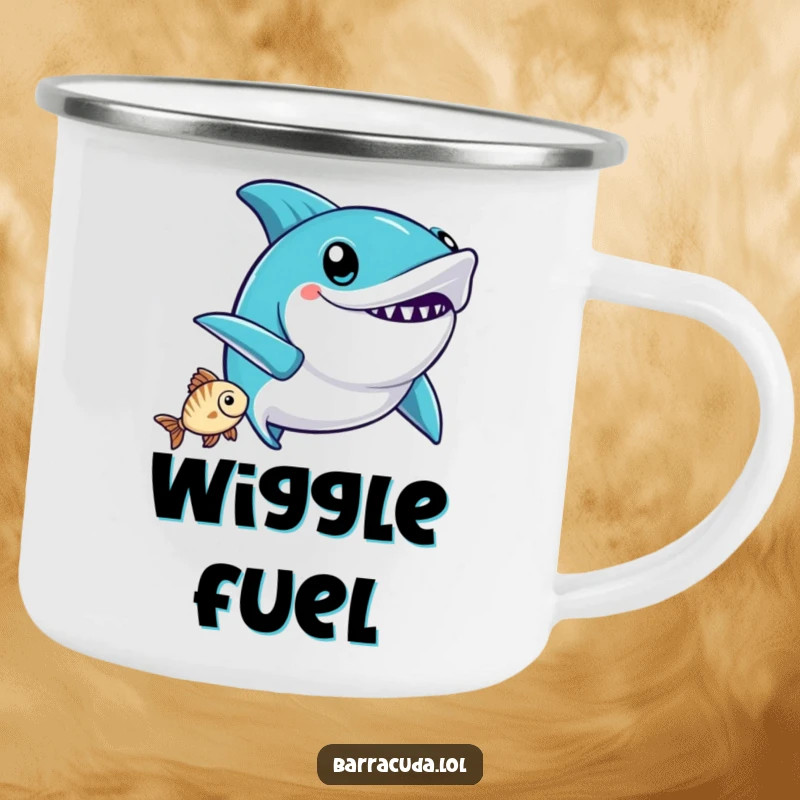 Funny Kawaii Barracuda Camping Mug: a cute barracuda does a victory wiggle after catching a fish, for outdoor celebrations.