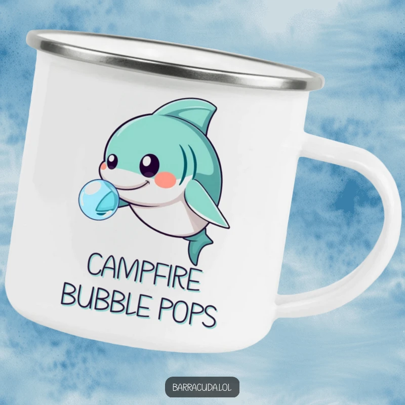 Funny kawaii barracuda nudging a bubble, durable and humorous camping mug.