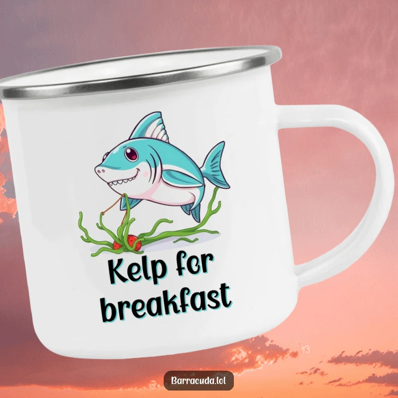 Funny Kawaii Barracuda Camping Mug: a cute barracuda playfully tugging seaweed, ideal for outdoor adventures and funny sips.