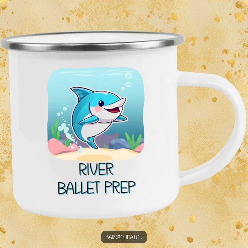 Funny camping mug featuring a barracuda performing synchronized swimming with enthusiastic splashes, perfect for outdoor humor.