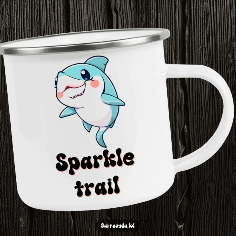 Funny Kawaii Barracuda Camping Mug: a cute barracuda winks with a glitter trail, perfect for magical outdoor sips.