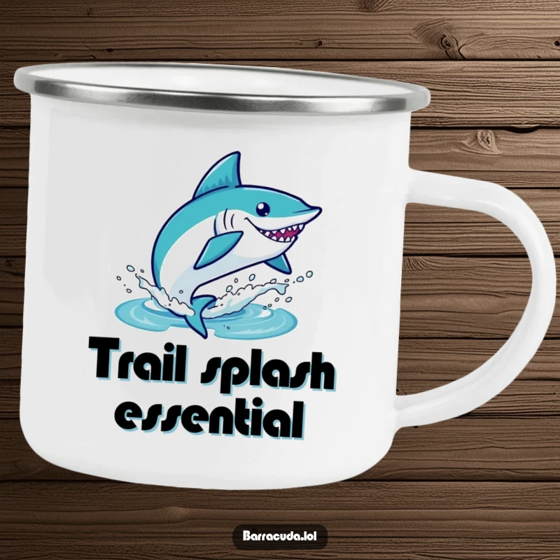 Funny kawaii barracuda leaping from water, durable and humorous camping mug for outdoor adventures.