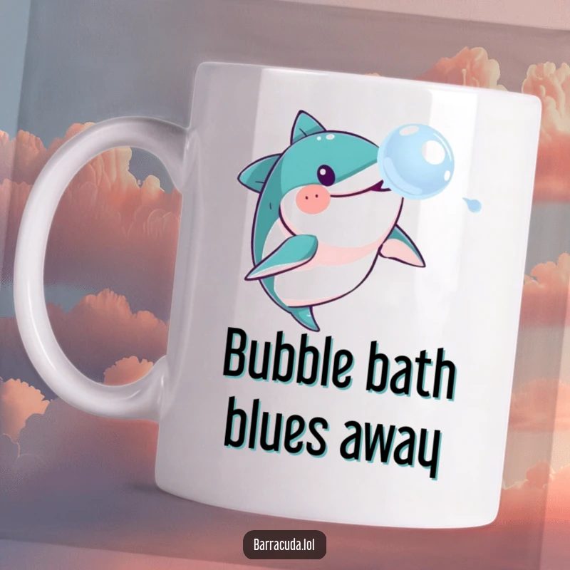 Funny barracuda mug, depicting a playful fish joyfully chasing a shimmering soap bubble with a gleeful expression.