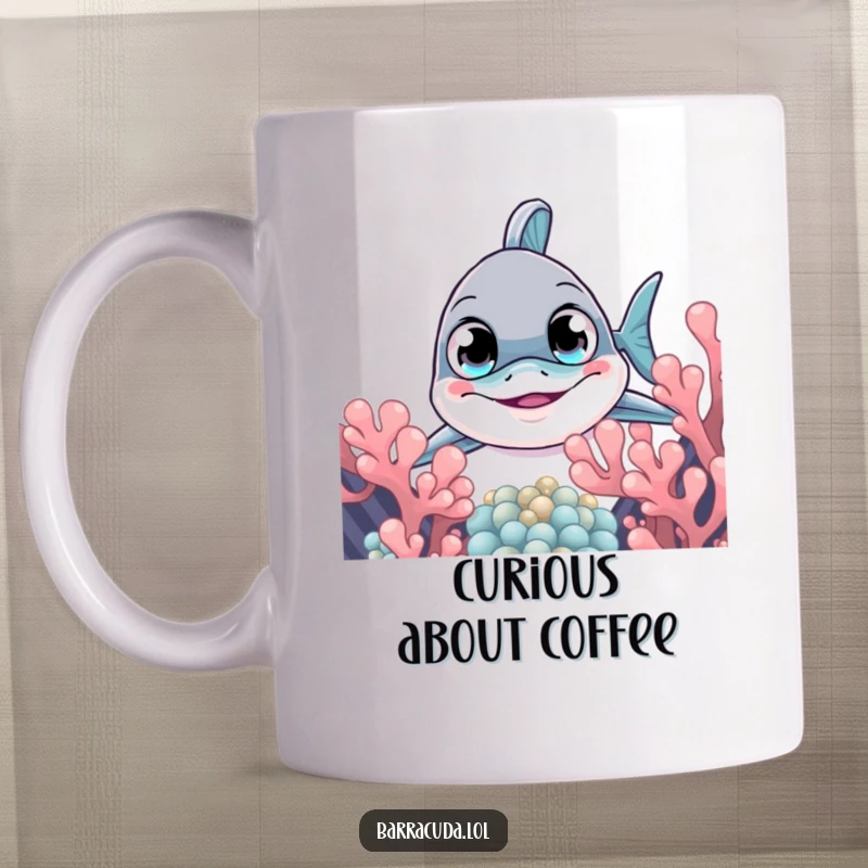 Funny barracuda mug with large, curious eyes peeking from behind coral, symbolizing playful curiosity and a hidden surprise.