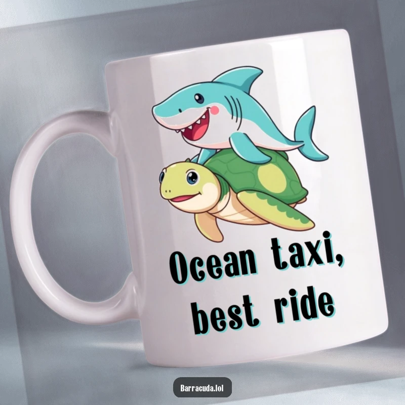 Funny Barracuda mug showing a happy barracuda gleefully riding on the back of a friendly sea turtle, a whimsical ocean scene.