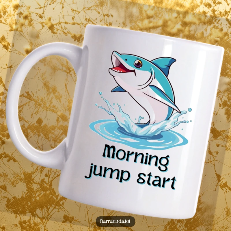 Funny mug showing a barracuda energetically leaping out of a dynamic water splash, conveying excitement and playfulness.