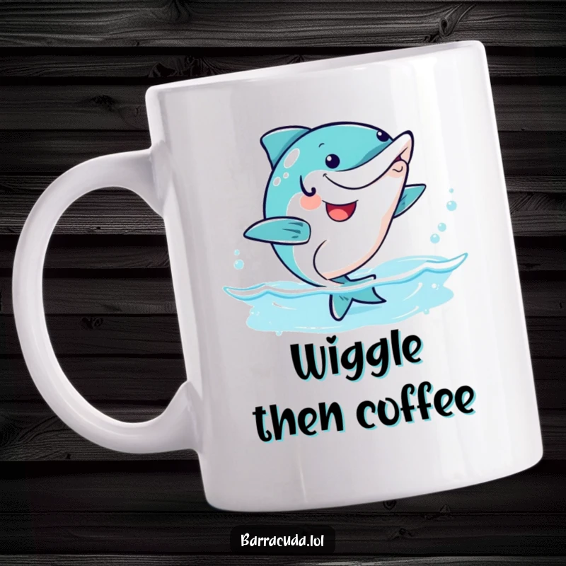 Funny kawaii barracuda doing a happy wiggle dance underwater, joyful and energetic sea creature.