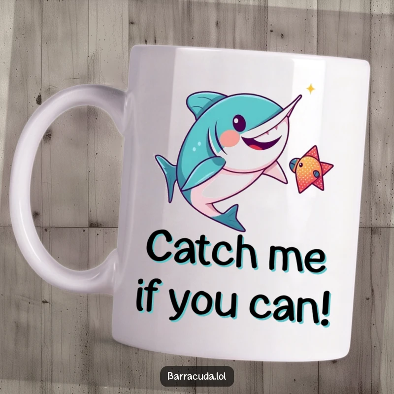 Funny kawaii barracuda gleefully chasing a sparkly fish on a mug, capturing a moment of playful aquatic pursuit.
