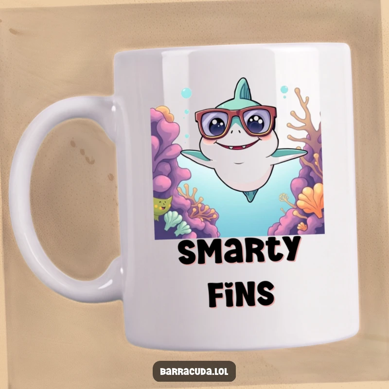 Funny Kawaii Barracuda Mug: a cute barracuda wearing oversized glasses, surveying the reef with delight and intelligent charm.