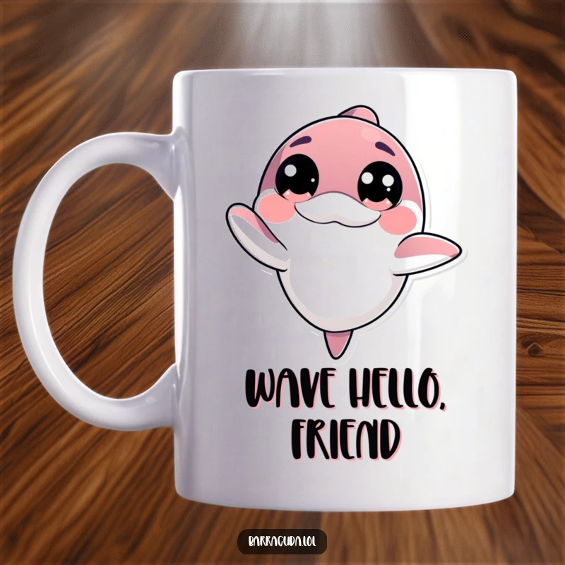 Funny kawaii barracuda with big innocent eyes offering a friendly wave on a mug, conveying warmth and gentleness.