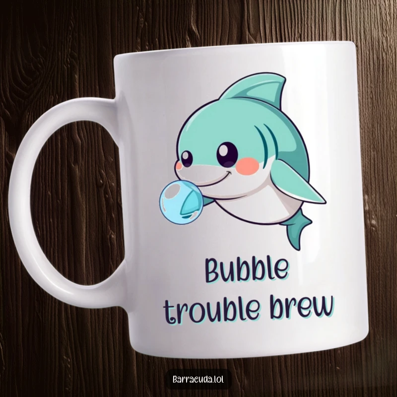 Funny kawaii barracuda gently nudging a floating bubble with its nose, playful and serene underwater scene.